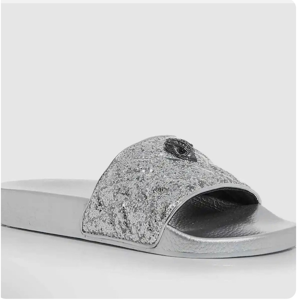 Kurt Geiger Brand New In BOX Meena Silver Metallic Eagle Slides Size 10M